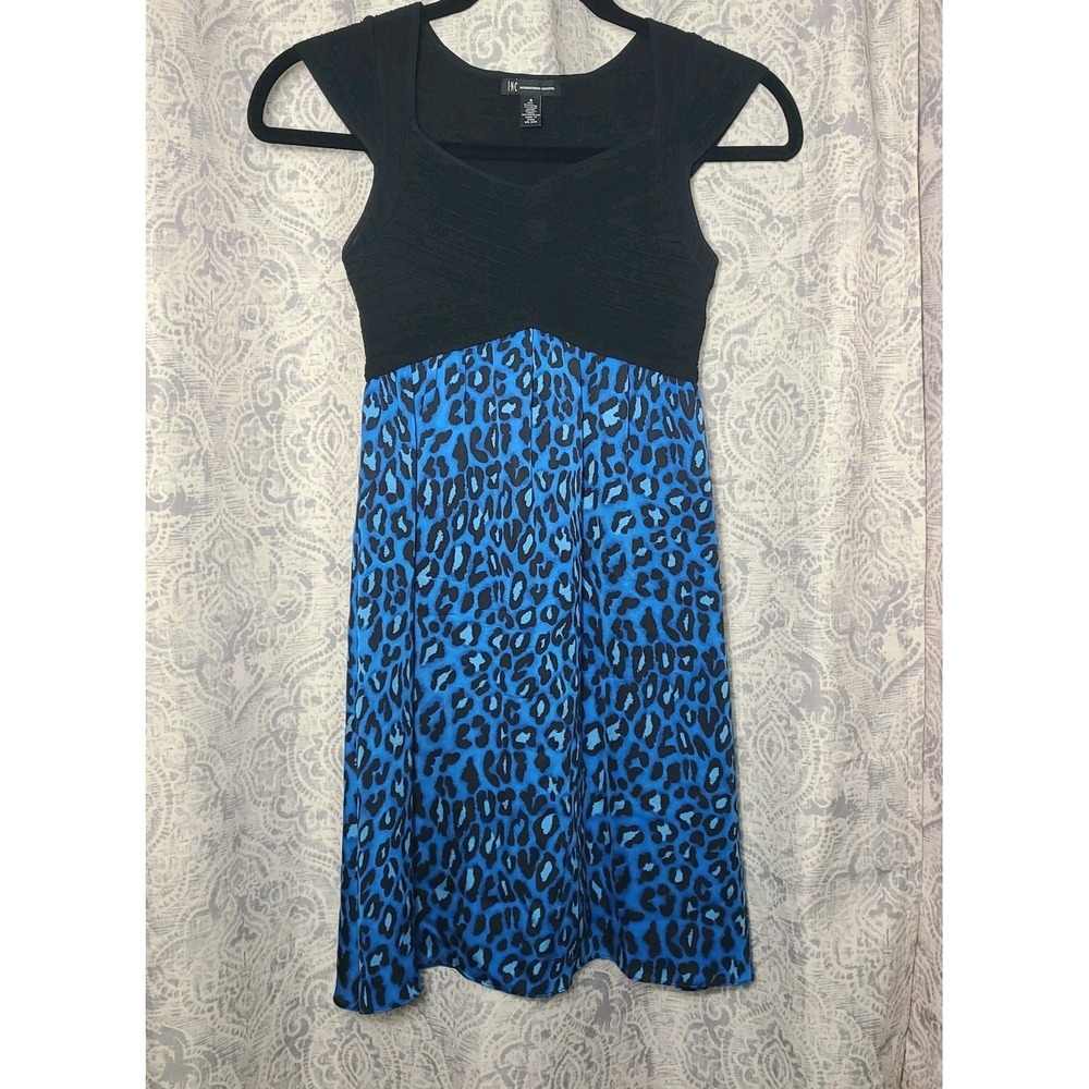 INC International Concepts Dress Womens S Blue Leopard Black Silk Midi Y2K